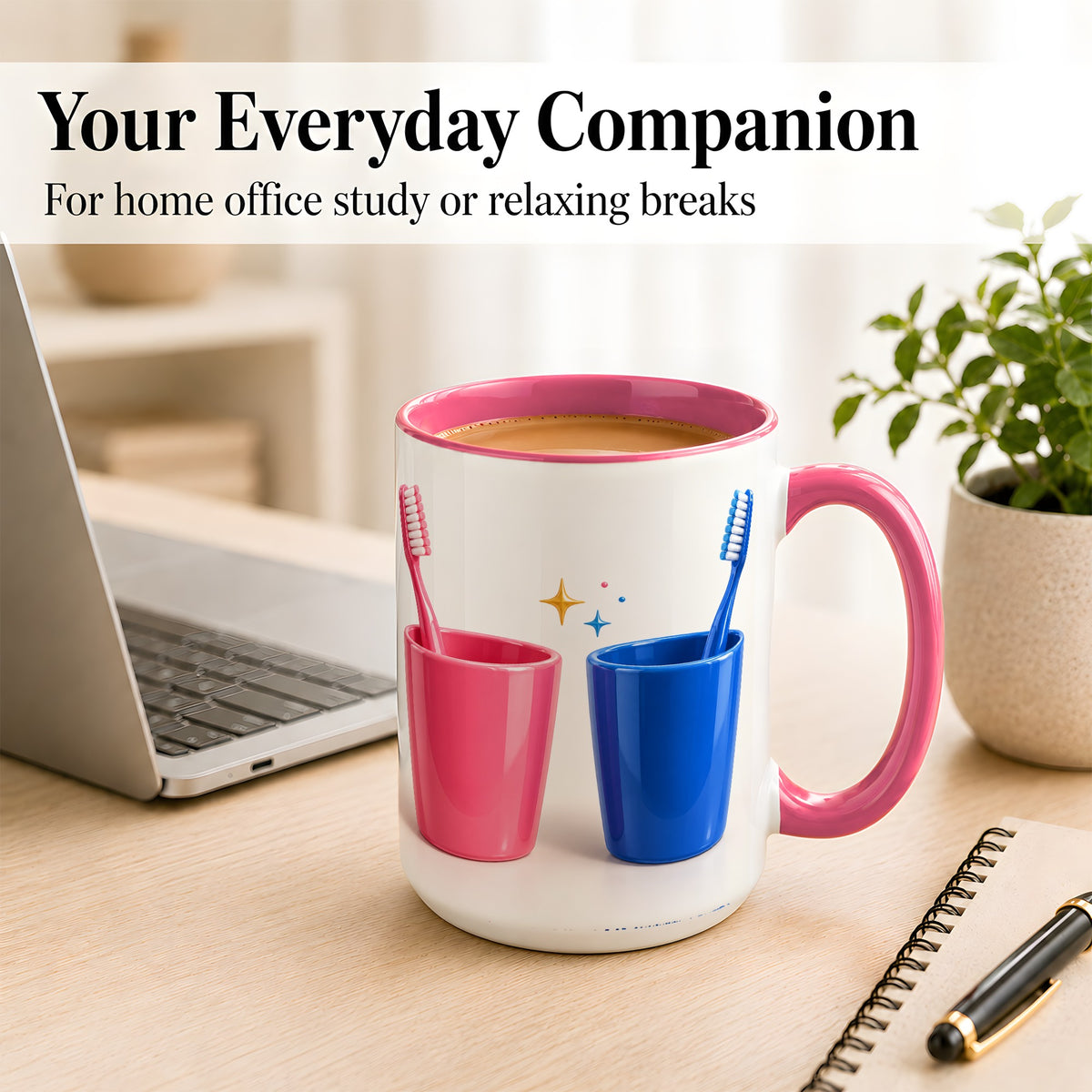 #pl[15oz|Pink] Pink Blue Toothbrush Pair Coffee Mug, Dental Theme Mug, Ceramic Cup