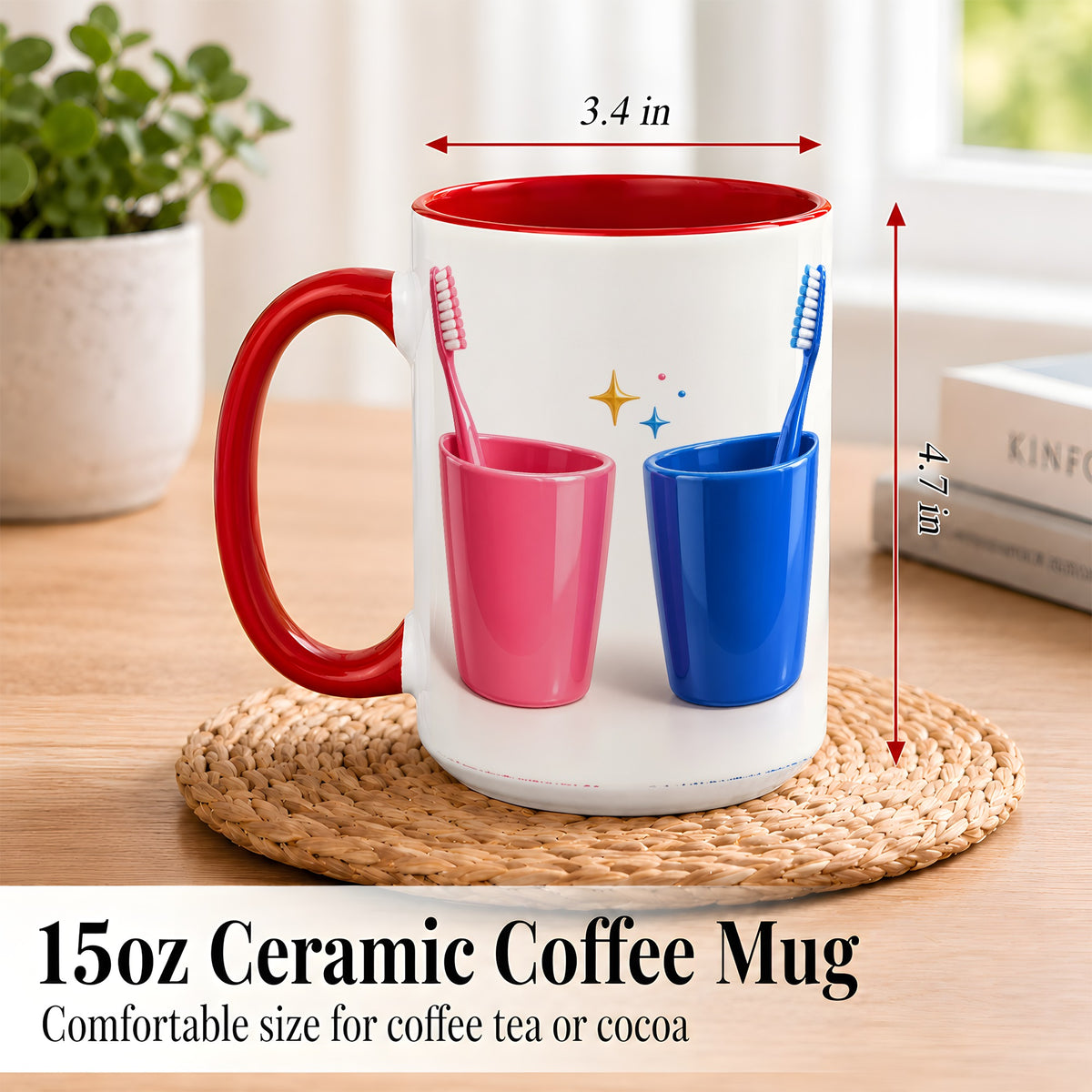 #pl[15oz|Red] Pink Blue Toothbrush Pair Coffee Mug, Dental Theme Mug, Ceramic Cup