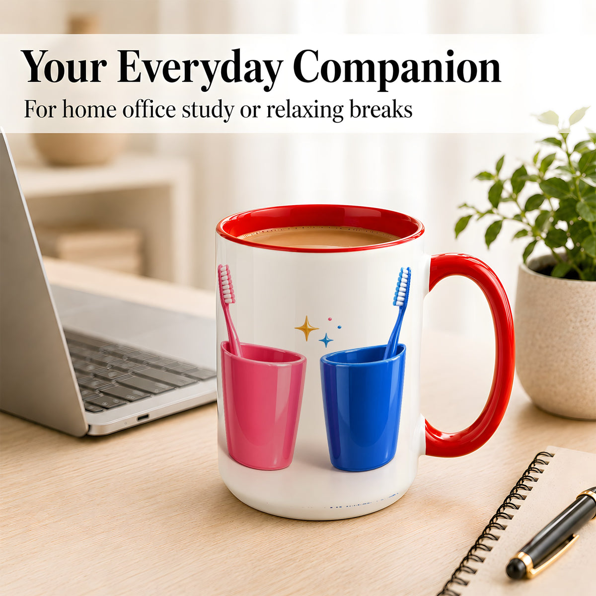 #pl[15oz|Red] Pink Blue Toothbrush Pair Coffee Mug, Dental Theme Mug, Ceramic Cup
