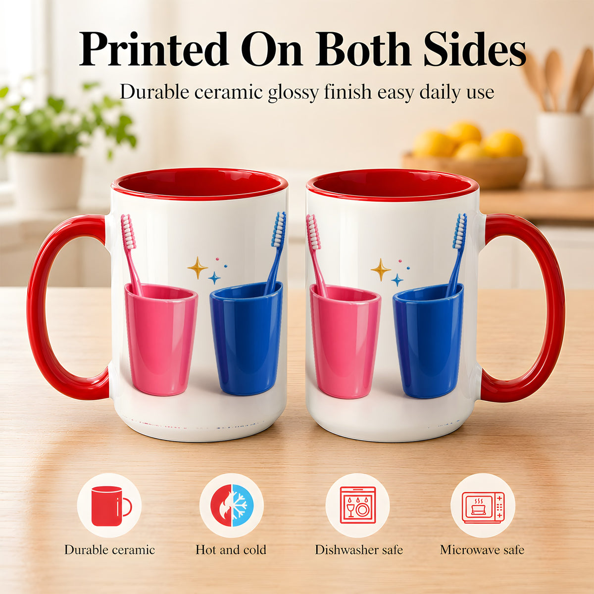 #pl[15oz|Red] Pink Blue Toothbrush Pair Coffee Mug, Dental Theme Mug, Ceramic Cup