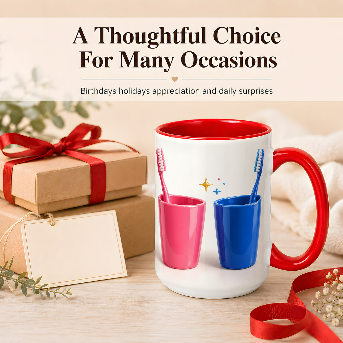 #pl[15oz|Red] Pink Blue Toothbrush Pair Coffee Mug, Dental Theme Mug, Ceramic Cup