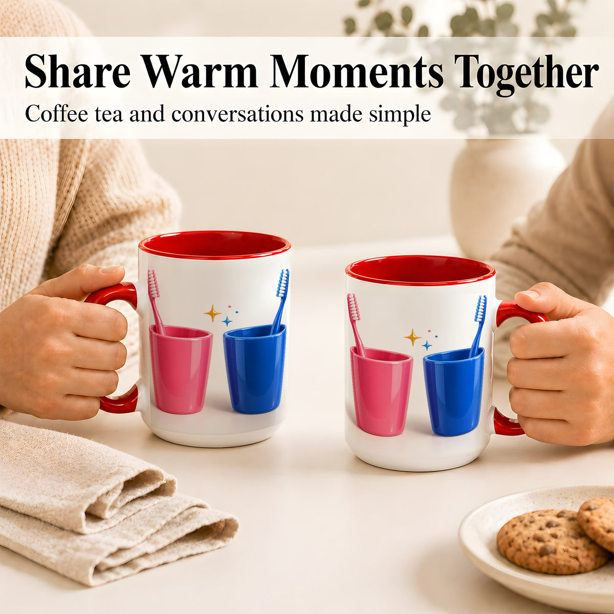 #pl[15oz|Red] Pink Blue Toothbrush Pair Coffee Mug, Dental Theme Mug, Ceramic Cup