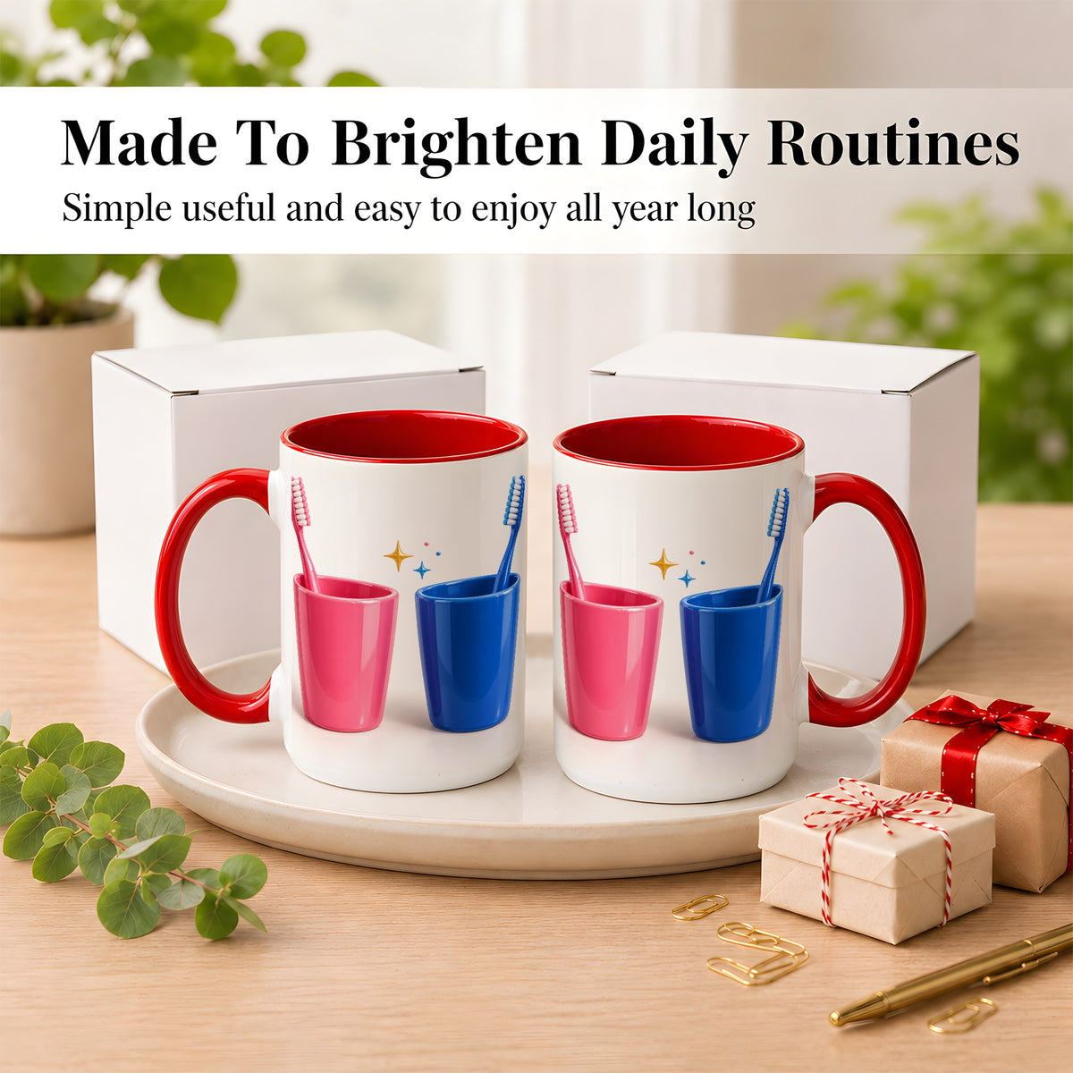 #pl[15oz|Red] Pink Blue Toothbrush Pair Coffee Mug, Dental Theme Mug, Ceramic Cup