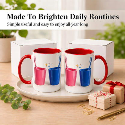 #pl[15oz|Red] Pink Blue Toothbrush Pair Coffee Mug, Dental Theme Mug, Ceramic Cup