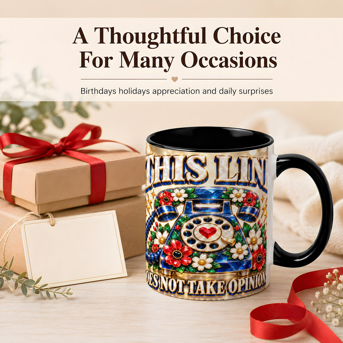 #pl[11oz|Black] Vintage Rotary Phone Coffee Mug, Floral Telephone Mug, Ceramic Cup