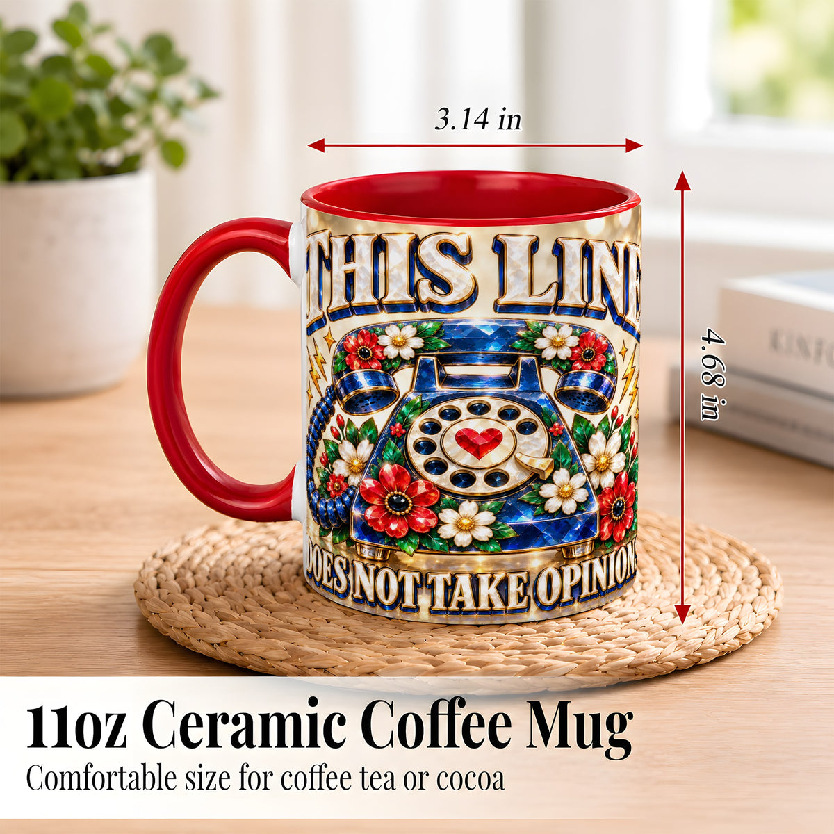 #pl[11oz|Red] Vintage Rotary Phone Coffee Mug, Floral Telephone Mug, Ceramic Cup
