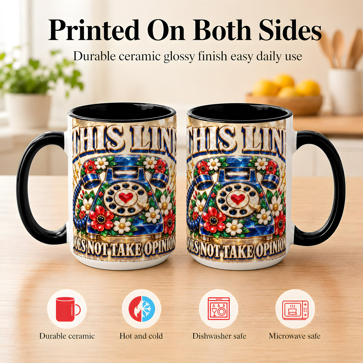 #pl[15oz|Black] Vintage Rotary Phone Coffee Mug, Floral Telephone Mug, Ceramic Cup