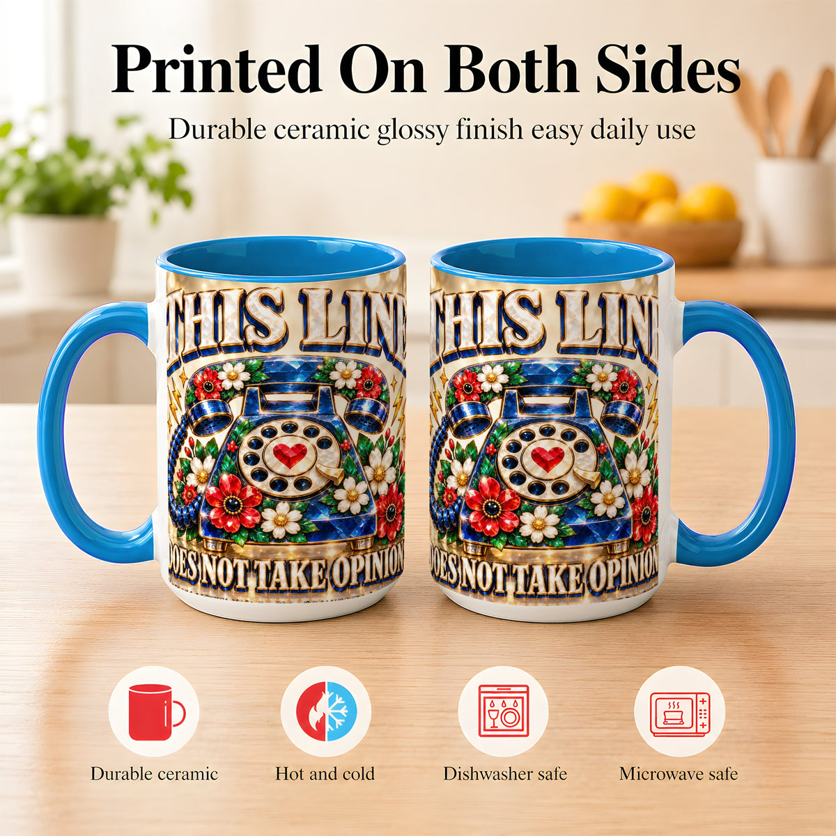 #pl[15oz|Blue] Vintage Rotary Phone Coffee Mug, Floral Telephone Mug, Ceramic Cup