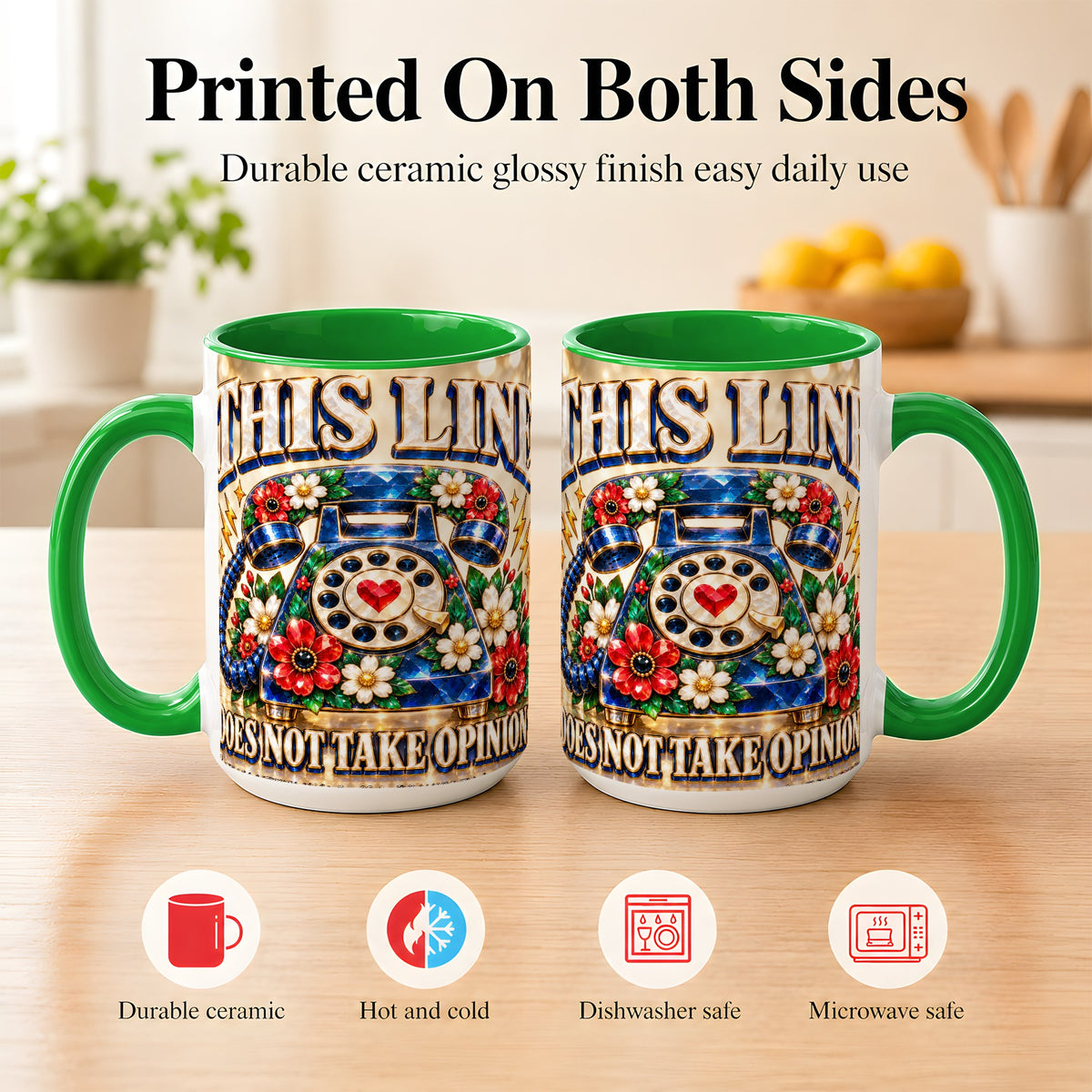 #pl[15oz|Green] Vintage Rotary Phone Coffee Mug, Floral Telephone Mug, Ceramic Cup