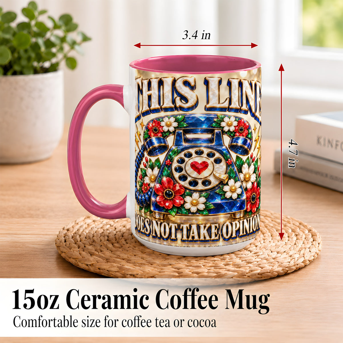 #pl[15oz|Pink] Vintage Rotary Phone Coffee Mug, Floral Telephone Mug, Ceramic Cup