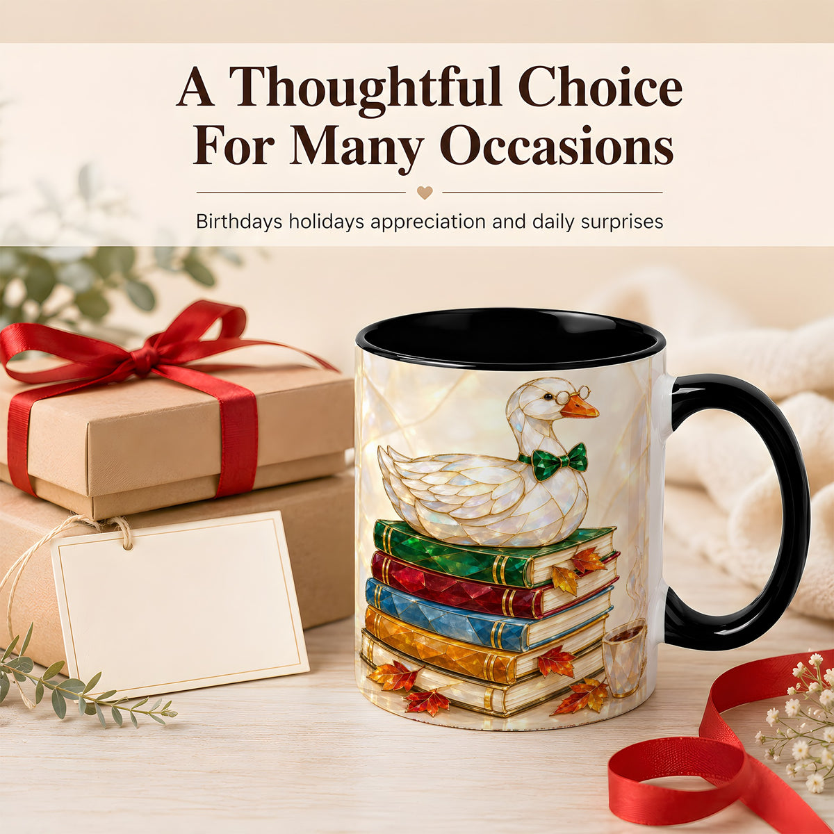 #pl[11oz|Black] Jeweled Bookish Goose Coffee Mug, Autumn Reading Mug, Ceramic Cup