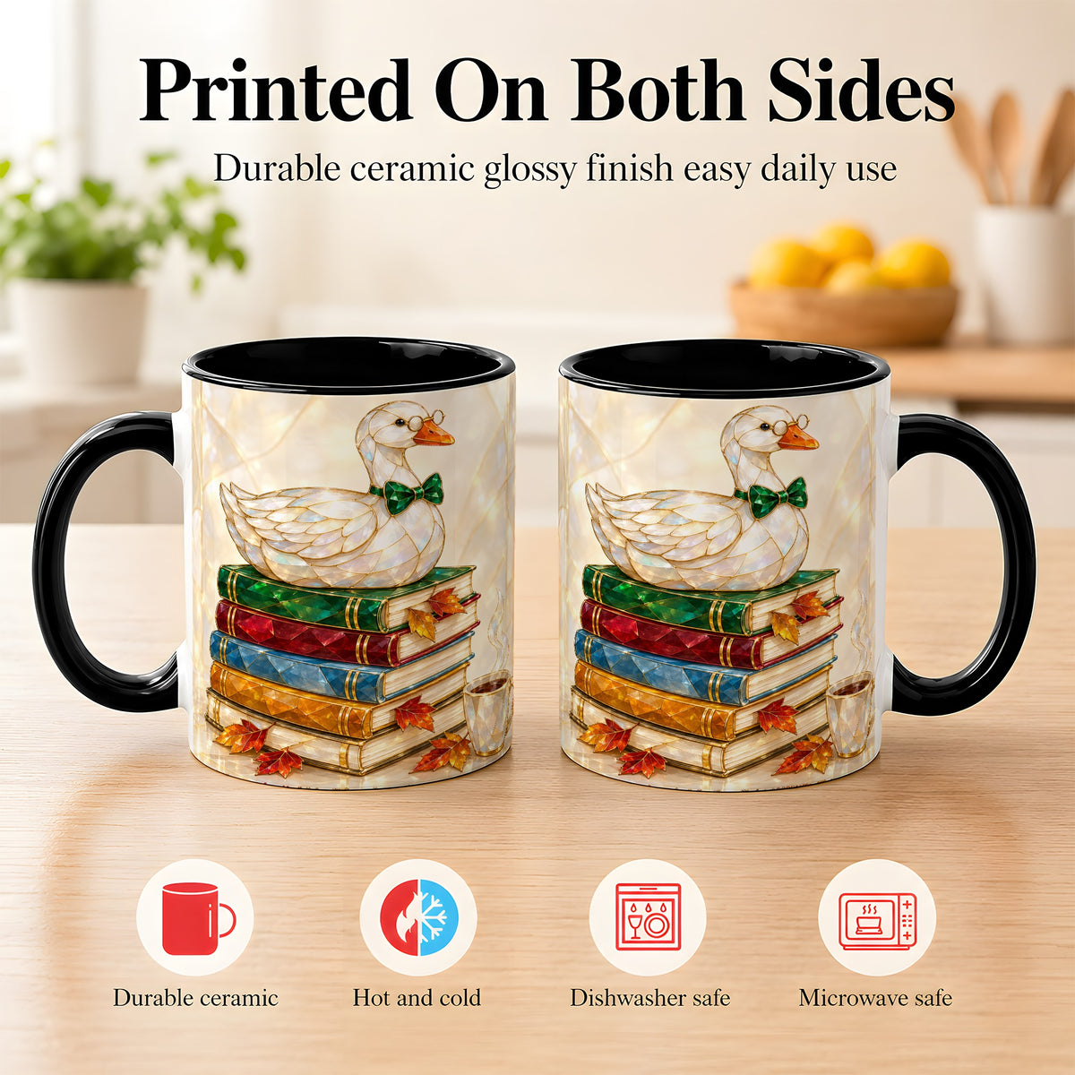 #pl[11oz|Black] Jeweled Bookish Goose Coffee Mug, Autumn Reading Mug, Ceramic Cup
