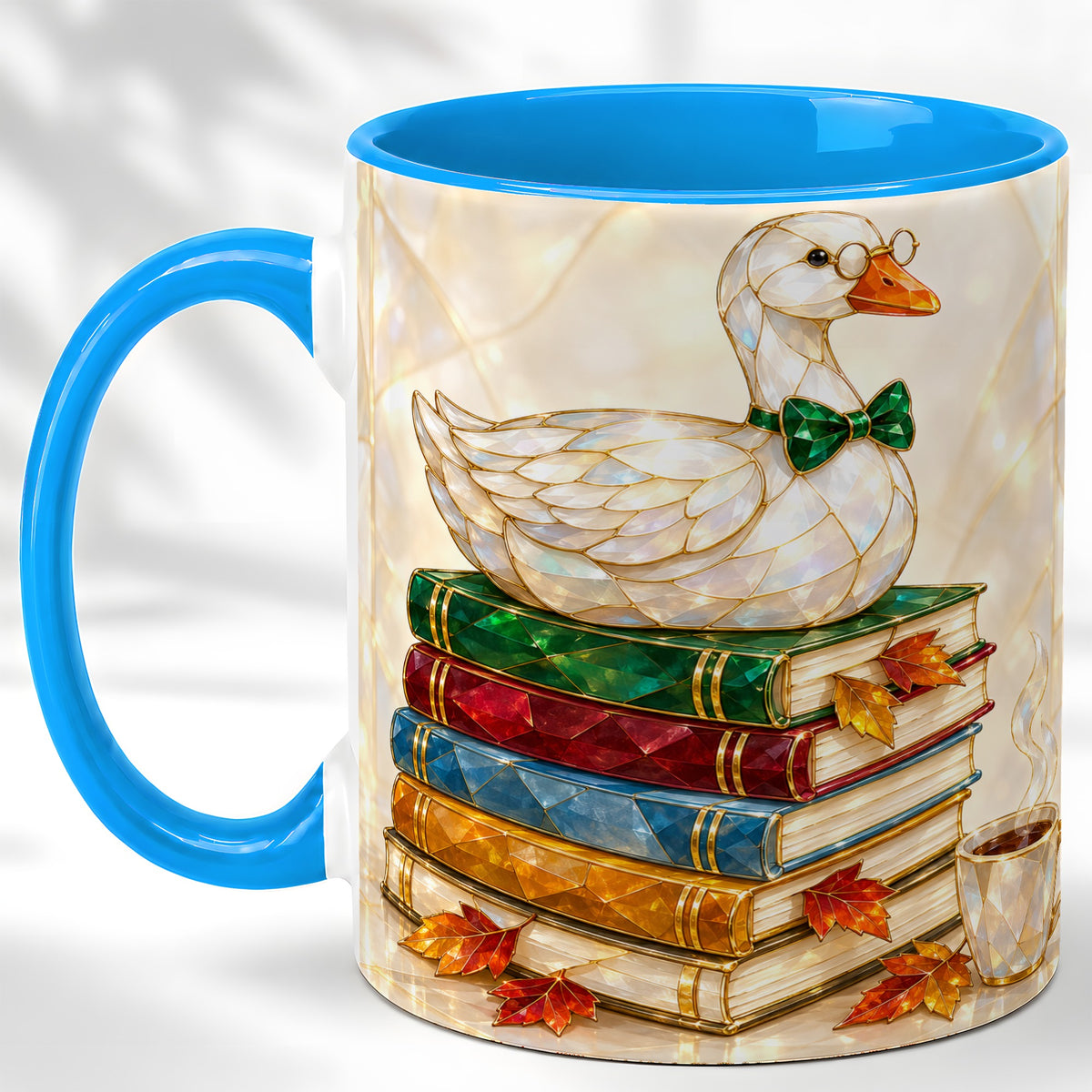 #pl[11oz|Blue] Jeweled Bookish Goose Coffee Mug, Autumn Reading Mug, Ceramic Cup