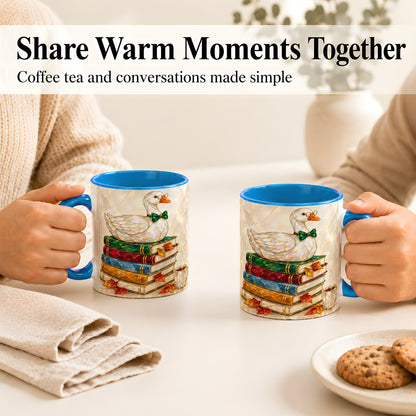 #pl[11oz|Blue] Jeweled Bookish Goose Coffee Mug, Autumn Reading Mug, Ceramic Cup