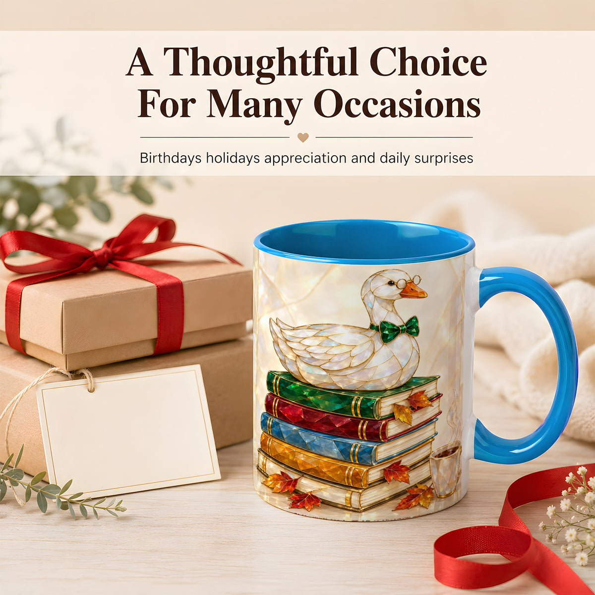 #pl[11oz|Blue] Jeweled Bookish Goose Coffee Mug, Autumn Reading Mug, Ceramic Cup