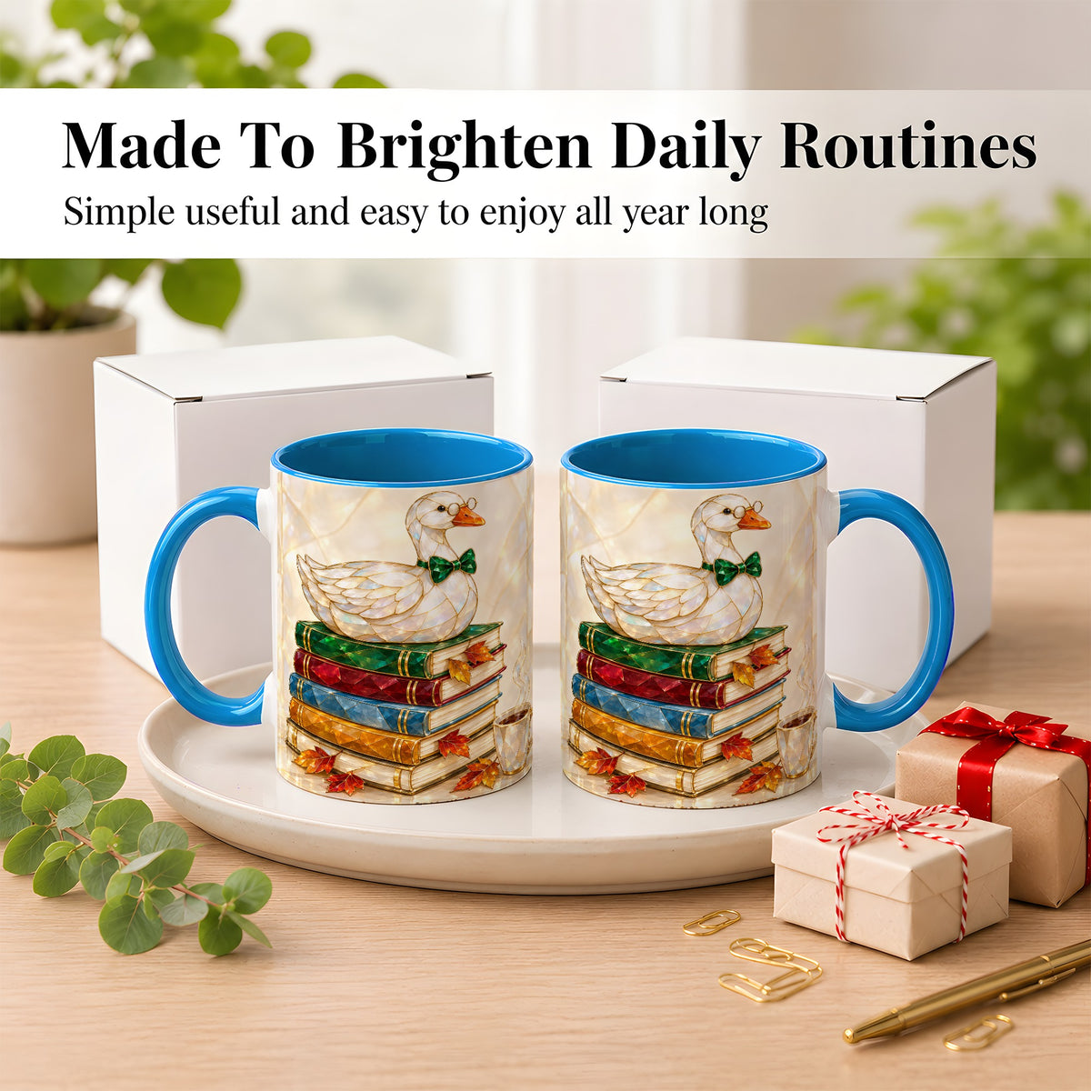 #pl[11oz|Blue] Jeweled Bookish Goose Coffee Mug, Autumn Reading Mug, Ceramic Cup