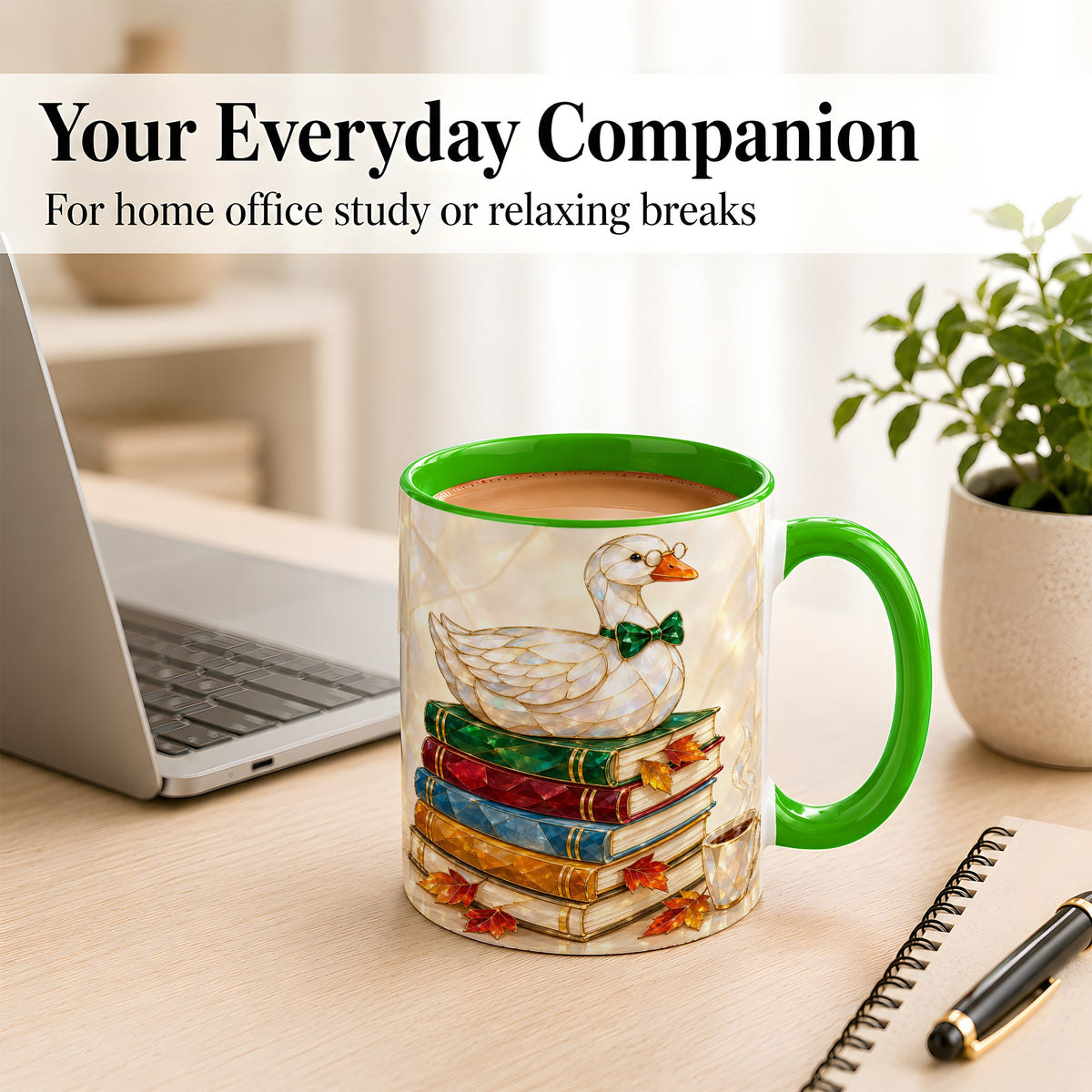 #pl[11oz|Green] Jeweled Bookish Goose Coffee Mug, Autumn Reading Mug, Ceramic Cup