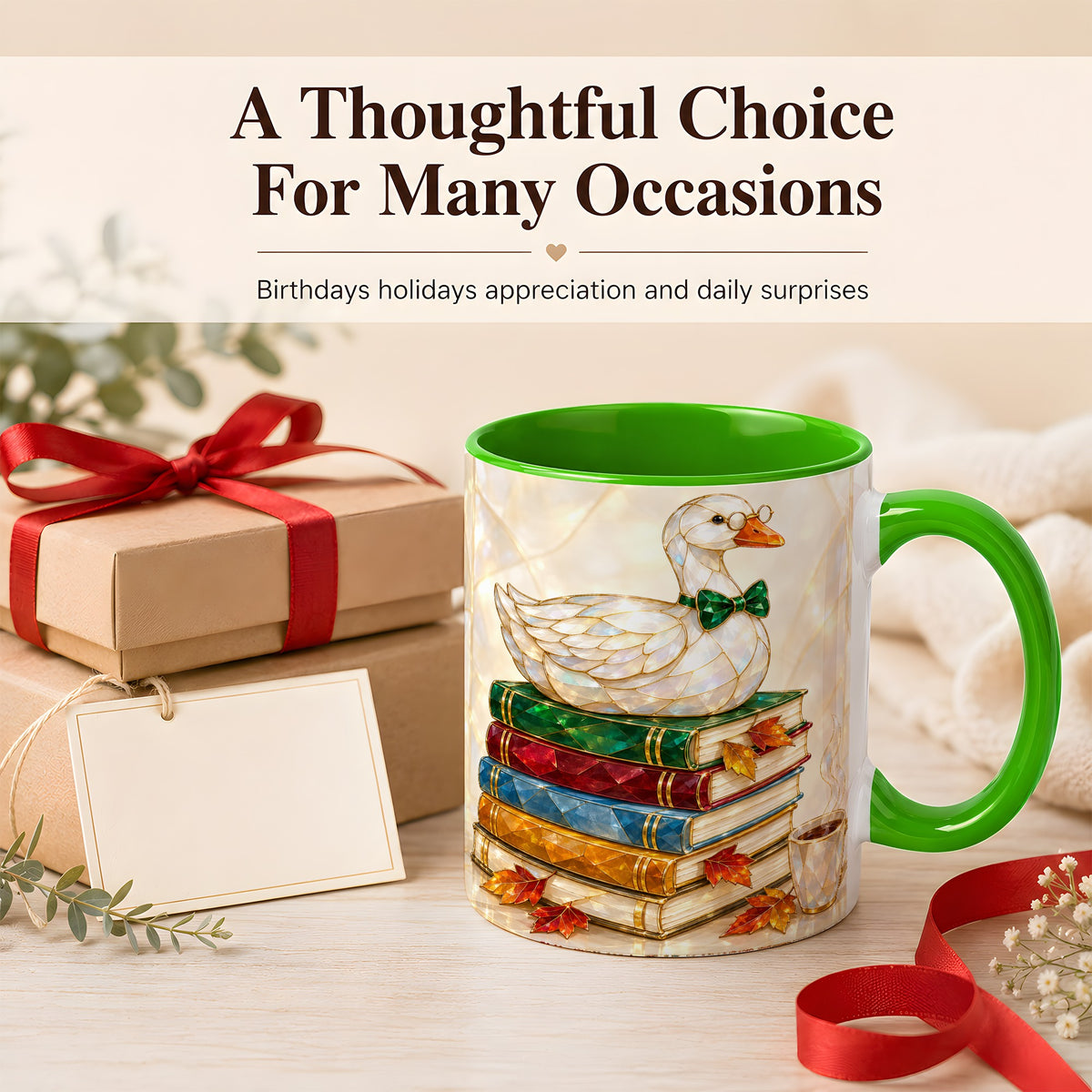 #pl[11oz|Green] Jeweled Bookish Goose Coffee Mug, Autumn Reading Mug, Ceramic Cup