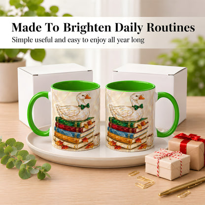 #pl[11oz|Green] Jeweled Bookish Goose Coffee Mug, Autumn Reading Mug, Ceramic Cup