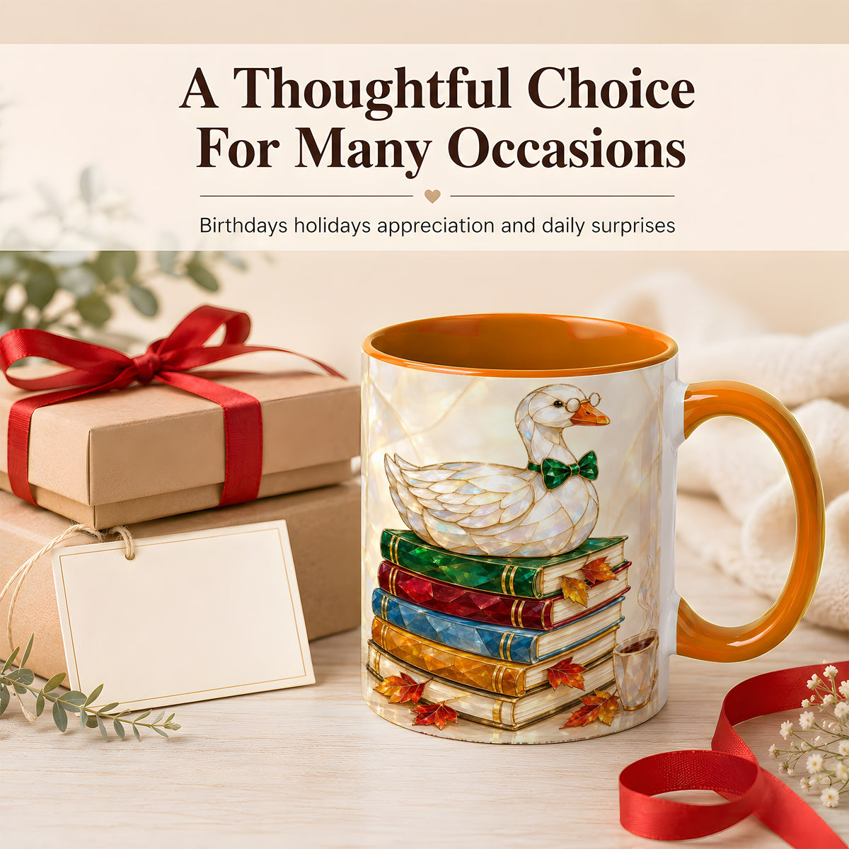 #pl[11oz|Orange] Jeweled Bookish Goose Coffee Mug, Autumn Reading Mug, Ceramic Cup