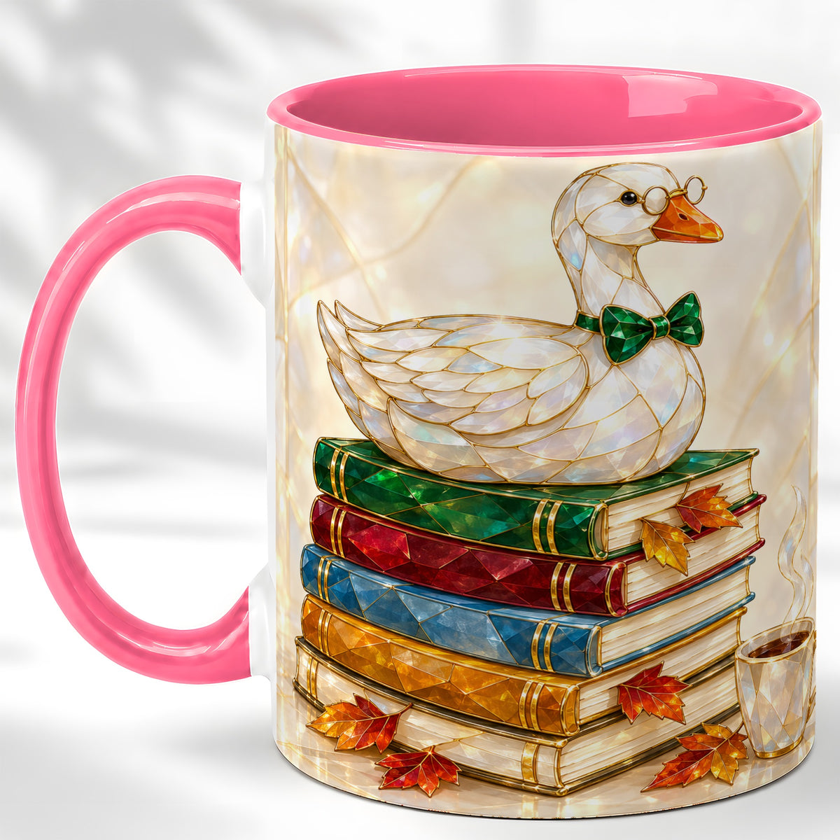 #pl[11oz|Pink] Jeweled Bookish Goose Coffee Mug, Autumn Reading Mug, Ceramic Cup
