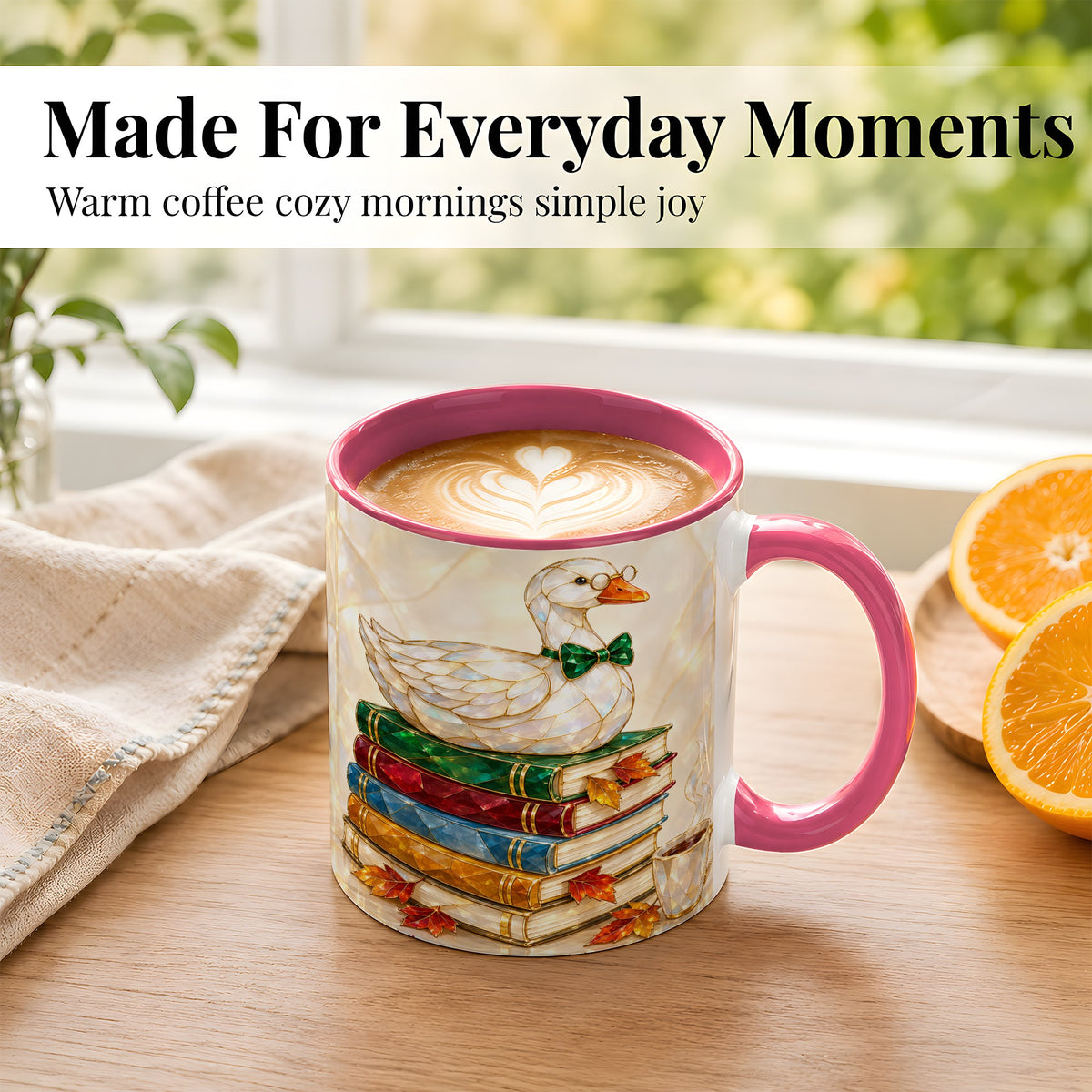 #pl[11oz|Pink] Jeweled Bookish Goose Coffee Mug, Autumn Reading Mug, Ceramic Cup