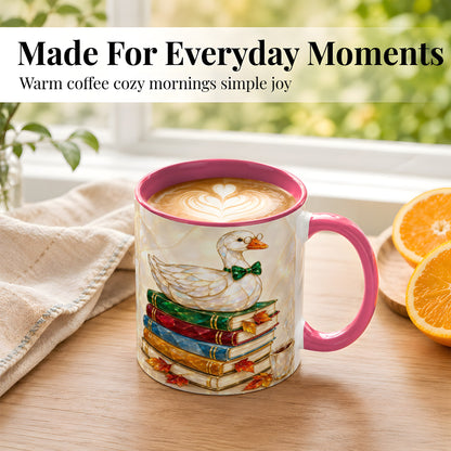 #pl[11oz|Pink] Jeweled Bookish Goose Coffee Mug, Autumn Reading Mug, Ceramic Cup