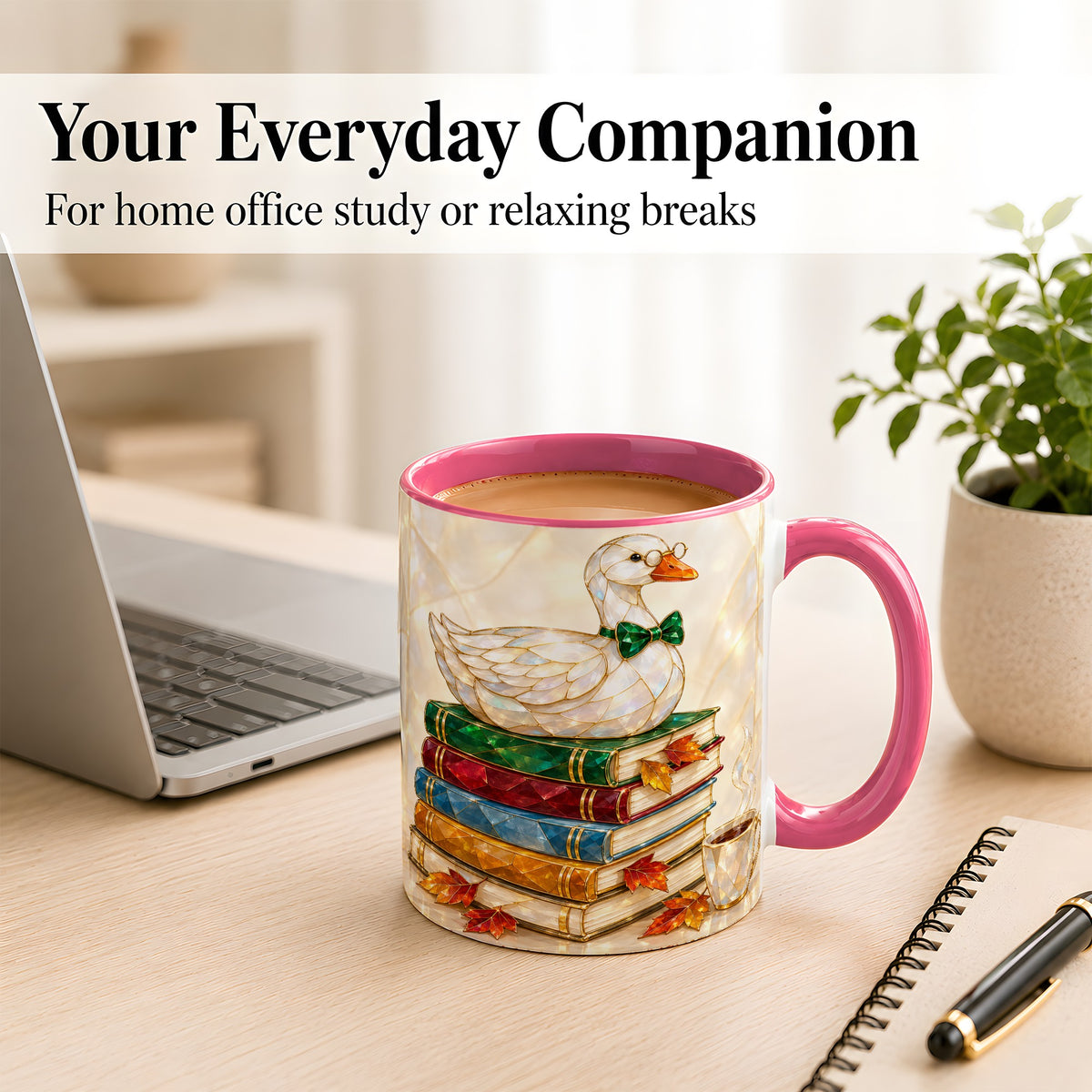 #pl[11oz|Pink] Jeweled Bookish Goose Coffee Mug, Autumn Reading Mug, Ceramic Cup