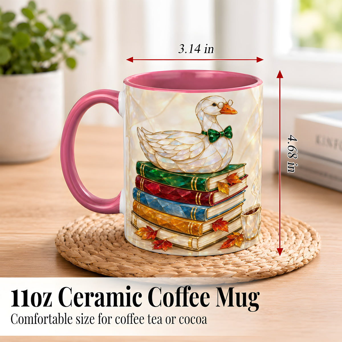 #pl[11oz|Pink] Jeweled Bookish Goose Coffee Mug, Autumn Reading Mug, Ceramic Cup