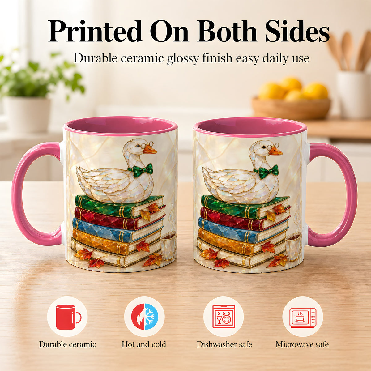 #pl[11oz|Pink] Jeweled Bookish Goose Coffee Mug, Autumn Reading Mug, Ceramic Cup