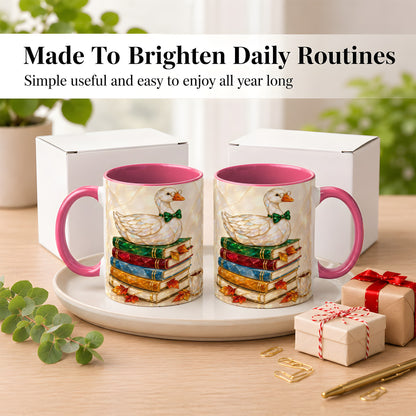 #pl[11oz|Pink] Jeweled Bookish Goose Coffee Mug, Autumn Reading Mug, Ceramic Cup