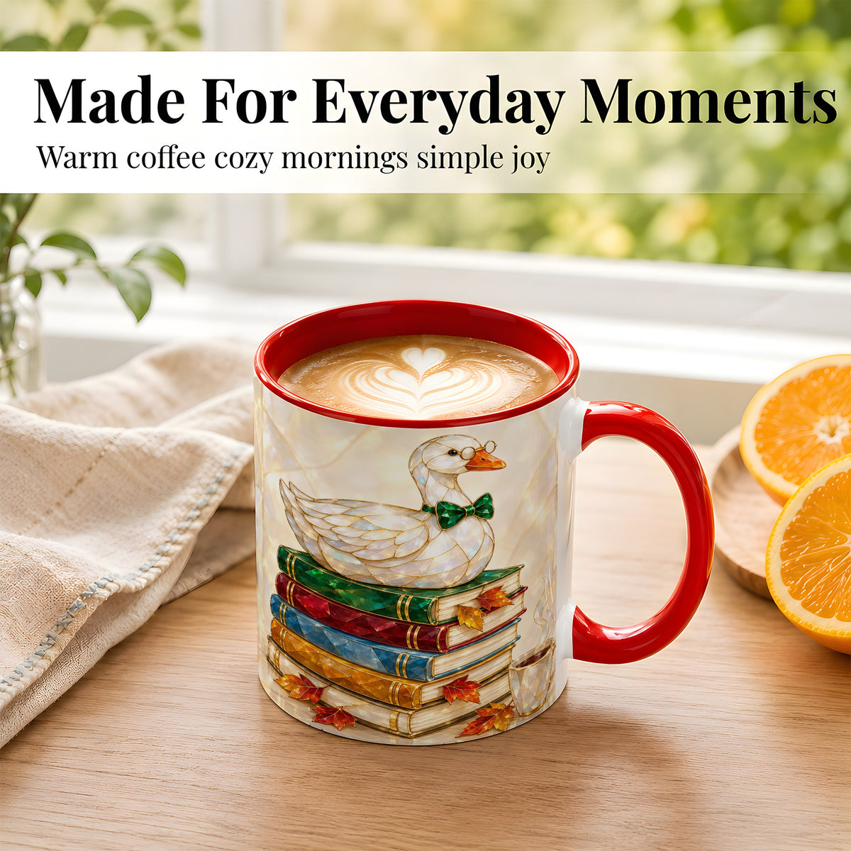 #pl[11oz|Red] Jeweled Bookish Goose Coffee Mug, Autumn Reading Mug, Ceramic Cup