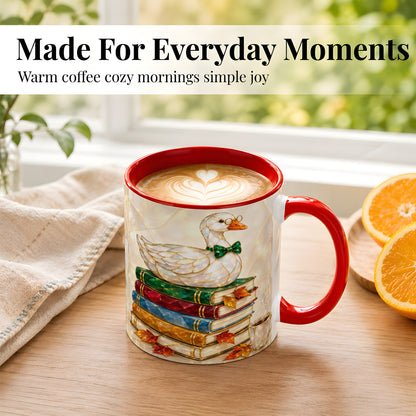 #pl[11oz|Red] Jeweled Bookish Goose Coffee Mug, Autumn Reading Mug, Ceramic Cup