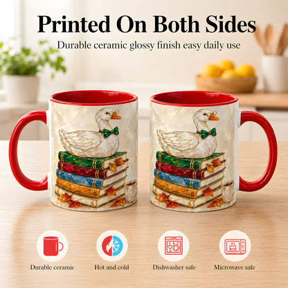 #pl[11oz|Red] Jeweled Bookish Goose Coffee Mug, Autumn Reading Mug, Ceramic Cup
