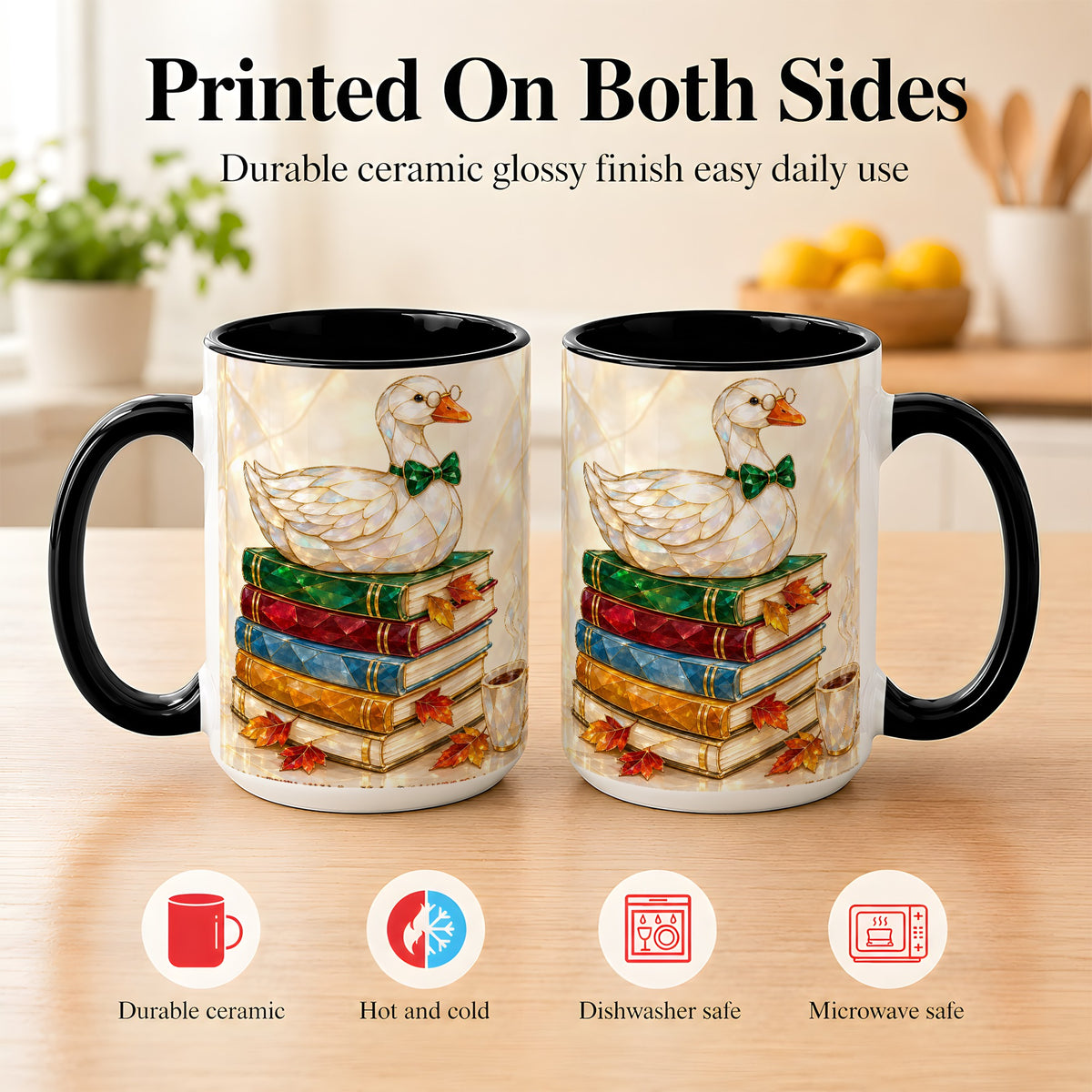 #pl[15oz|Black] Jeweled Bookish Goose Coffee Mug, Autumn Reading Mug, Ceramic Cup
