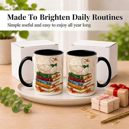 #pl[15oz|Black] Jeweled Bookish Goose Coffee Mug, Autumn Reading Mug, Ceramic Cup