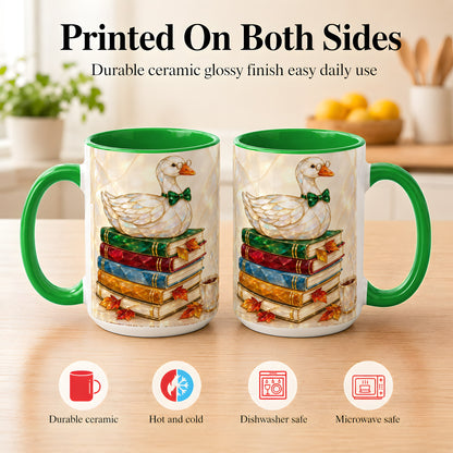 #pl[15oz|Green] Jeweled Bookish Goose Coffee Mug, Autumn Reading Mug, Ceramic Cup