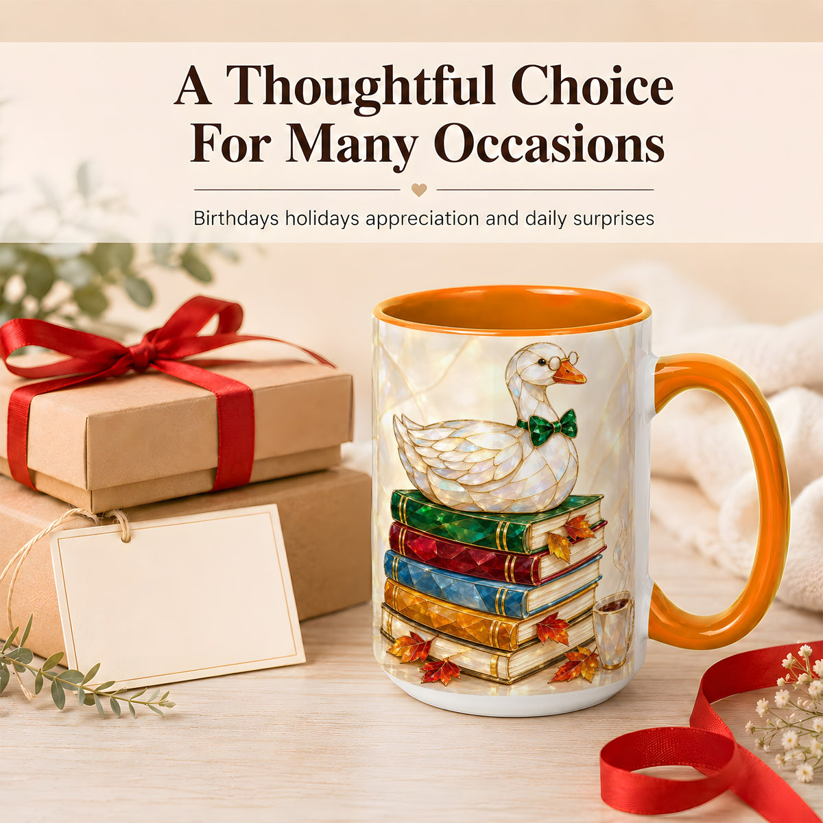 #pl[15oz|Orange] Jeweled Bookish Goose Coffee Mug, Autumn Reading Mug, Ceramic Cup