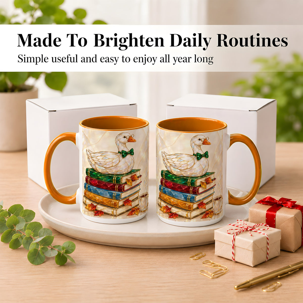 #pl[15oz|Orange] Jeweled Bookish Goose Coffee Mug, Autumn Reading Mug, Ceramic Cup