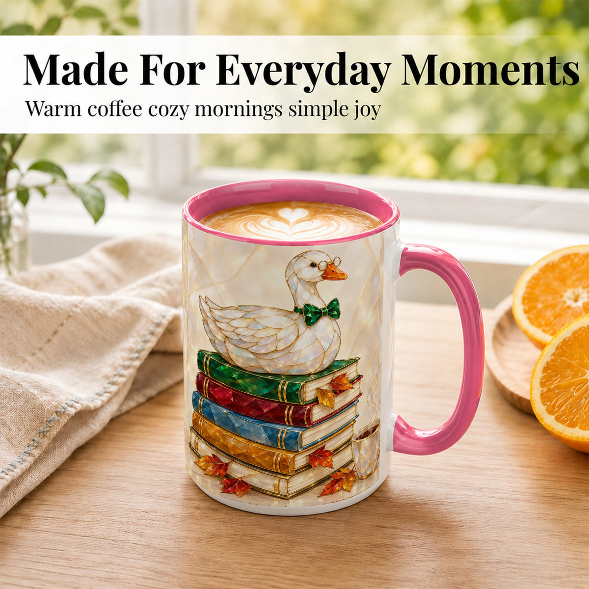 #pl[15oz|Pink] Jeweled Bookish Goose Coffee Mug, Autumn Reading Mug, Ceramic Cup