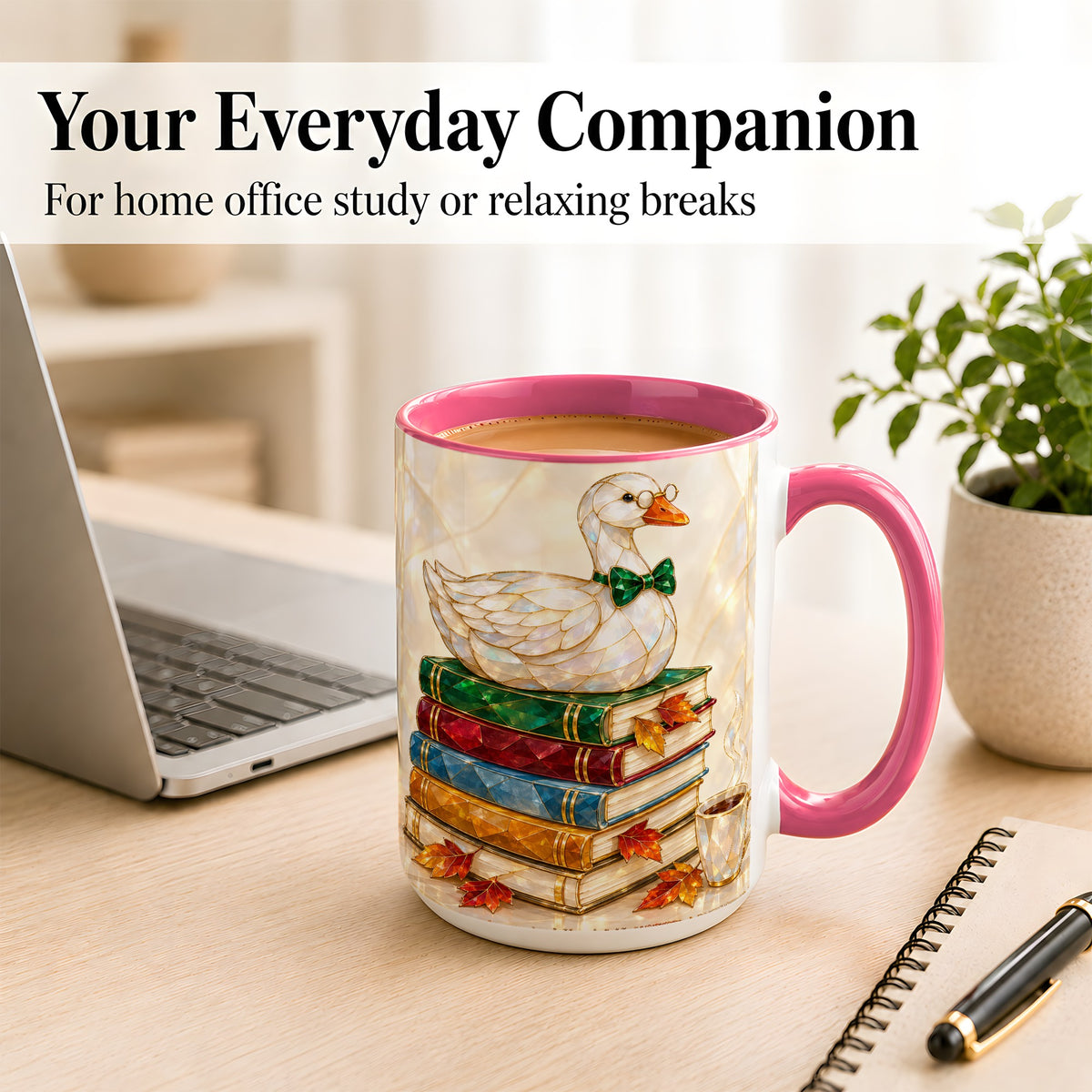 #pl[15oz|Pink] Jeweled Bookish Goose Coffee Mug, Autumn Reading Mug, Ceramic Cup