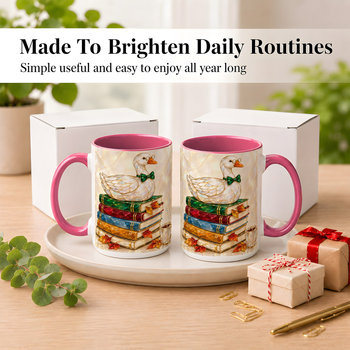 #pl[15oz|Pink] Jeweled Bookish Goose Coffee Mug, Autumn Reading Mug, Ceramic Cup
