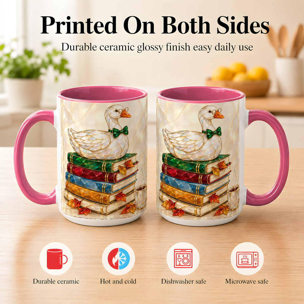 #pl[15oz|Pink] Jeweled Bookish Goose Coffee Mug, Autumn Reading Mug, Ceramic Cup