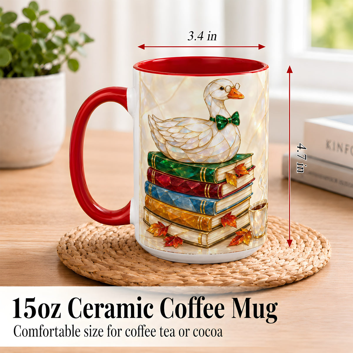 #pl[15oz|Red] Jeweled Bookish Goose Coffee Mug, Autumn Reading Mug, Ceramic Cup