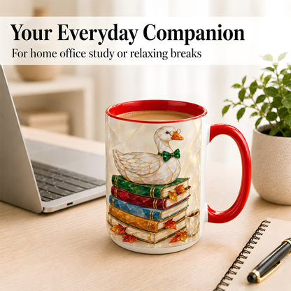 #pl[15oz|Red] Jeweled Bookish Goose Coffee Mug, Autumn Reading Mug, Ceramic Cup
