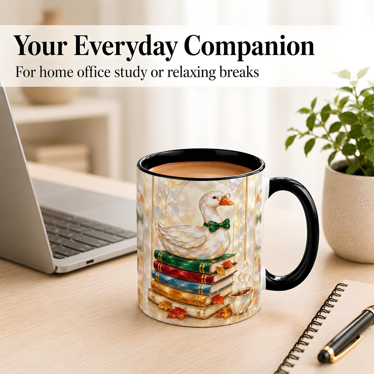 #pl[11oz|Black] Bookish Bird Coffee Mug, Autumn Reader Mug, Ceramic Cup for Cozy Desks