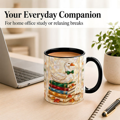 #pl[11oz|Black] Bookish Bird Coffee Mug, Autumn Reader Mug, Ceramic Cup for Cozy Desks