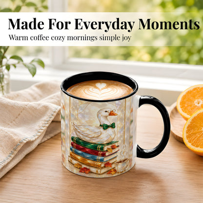 #pl[11oz|Black] Bookish Bird Coffee Mug, Autumn Reader Mug, Ceramic Cup for Cozy Desks