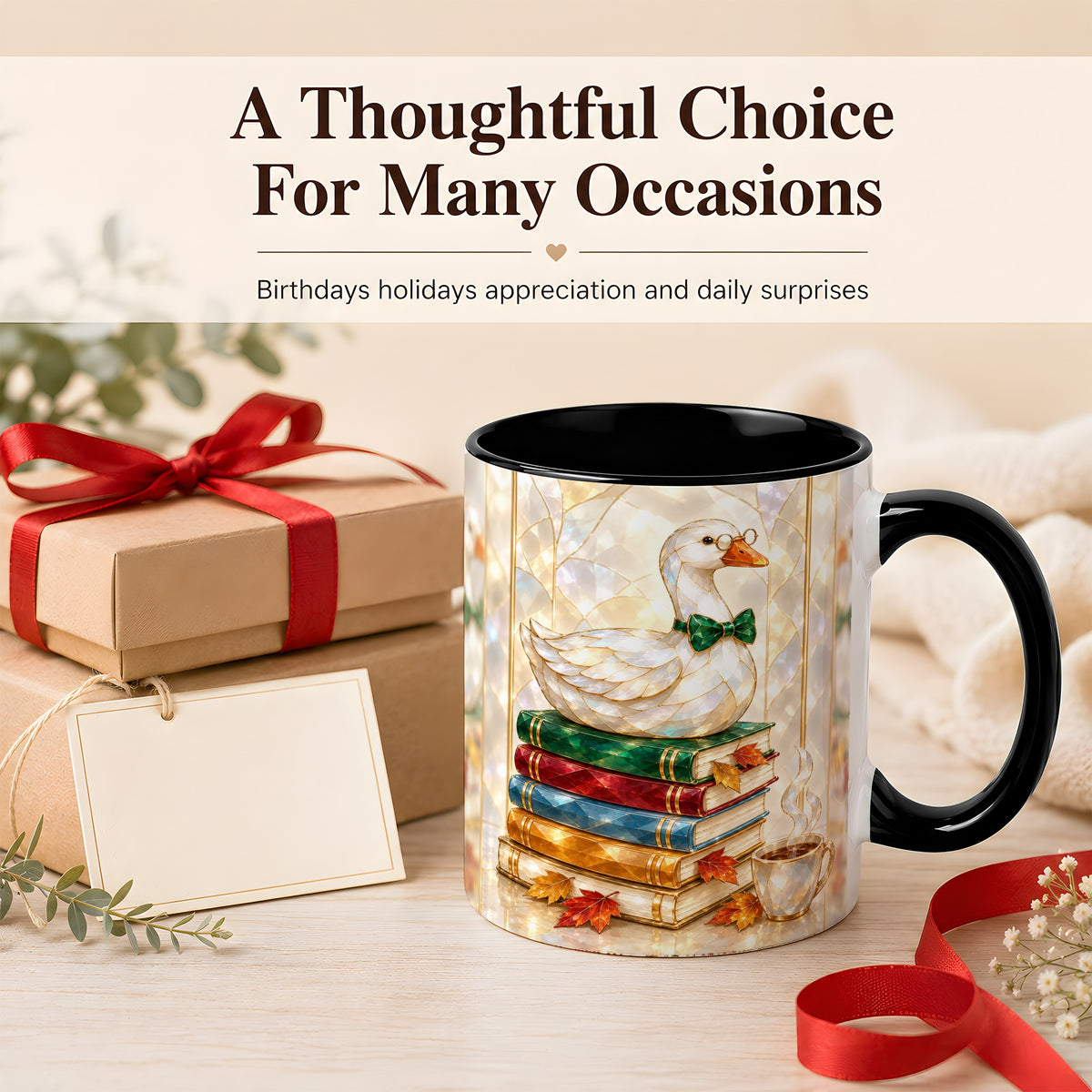 #pl[11oz|Black] Bookish Bird Coffee Mug, Autumn Reader Mug, Ceramic Cup for Cozy Desks