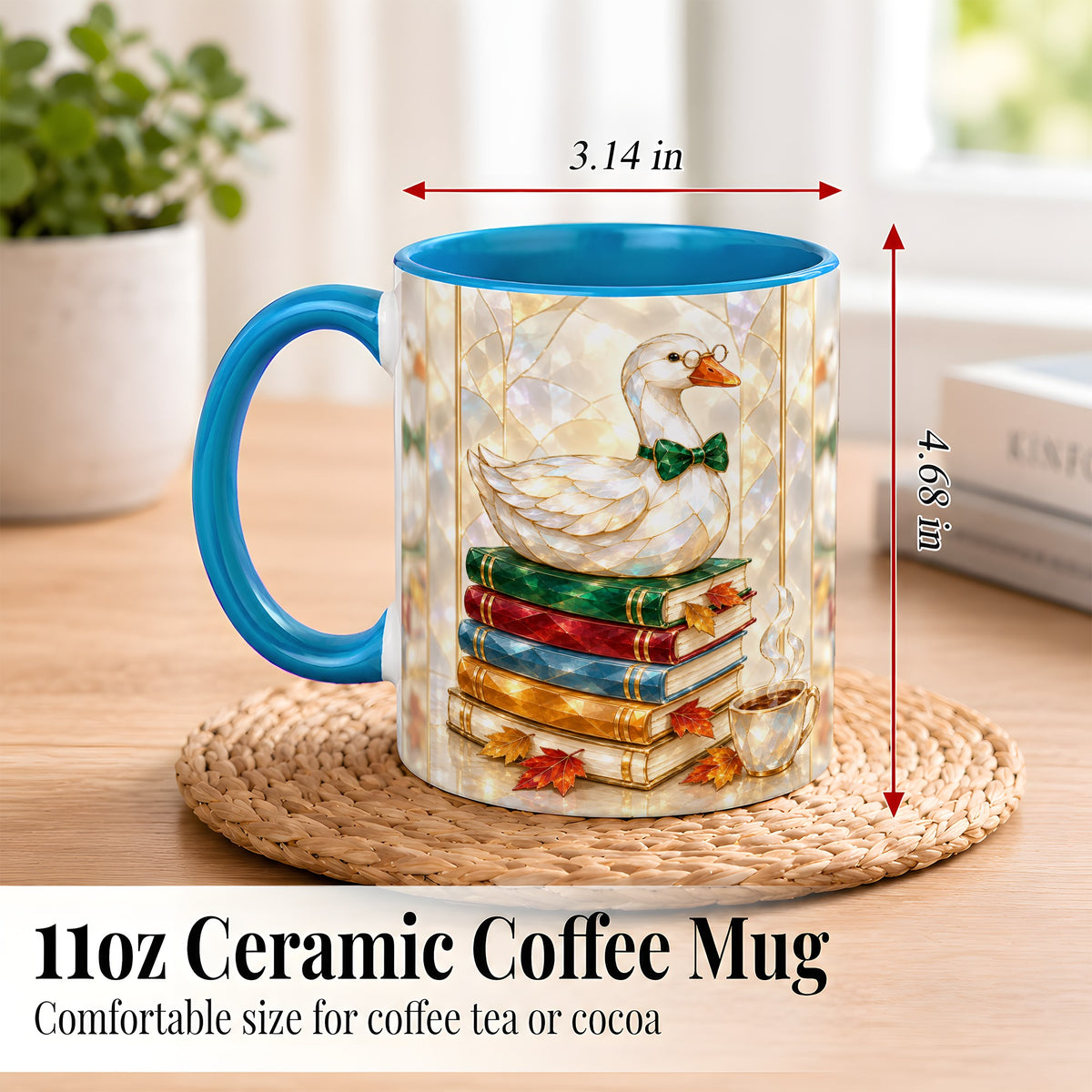 #pl[11oz|Blue] Bookish Bird Coffee Mug, Autumn Reader Mug, Ceramic Cup for Cozy Desks